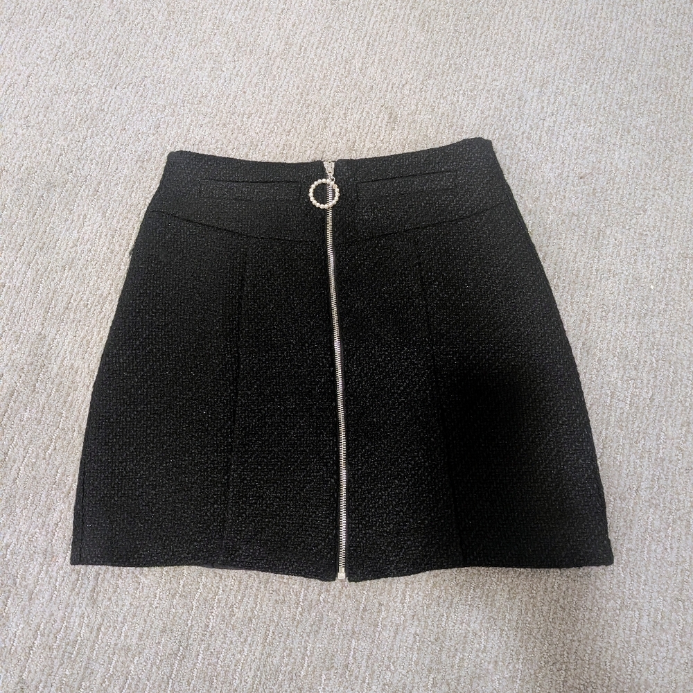 Black Textured Mini Skirt with Silver Zipper